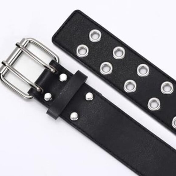Double Grommet Punk Belt Black Vegan Leather Studded Belt for Women Men Jeans main image 5